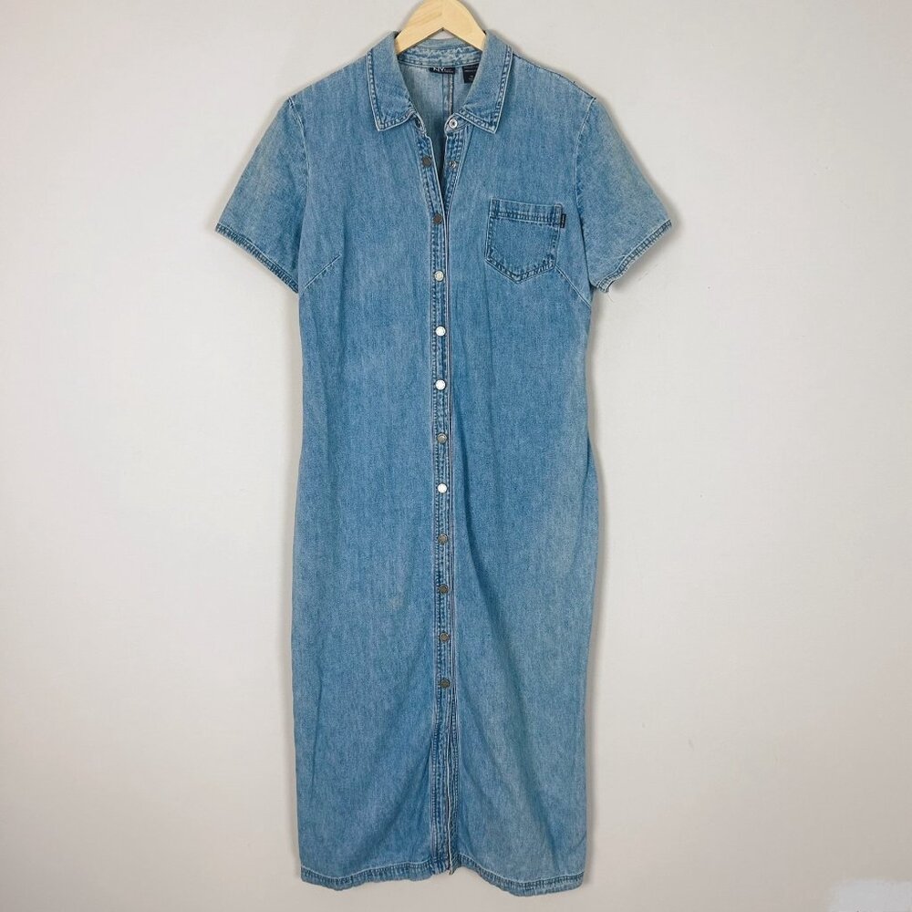 New York & Company Light Blue Denim Midi Shirt Dress